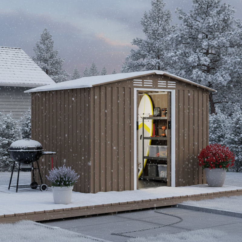 8' x 6' Galvanized Steel Outdoor Storage Shed with Floor and Sliding Door for Garden Tools