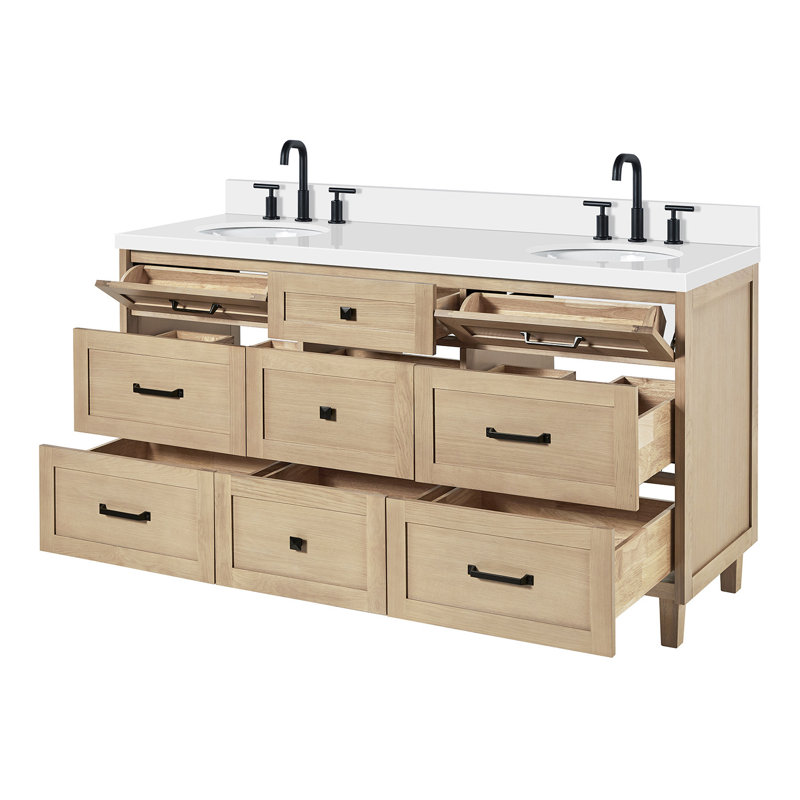 ARIEL Monroe 72 Double Sink Bathroom Vanity with Carrara Quartz Top, Oak, 72" - 73", Pure White Quartz