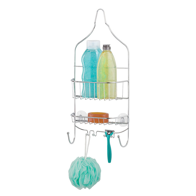 Chrome Metal 2-Shelf Hanging Shower Caddy with Hooks