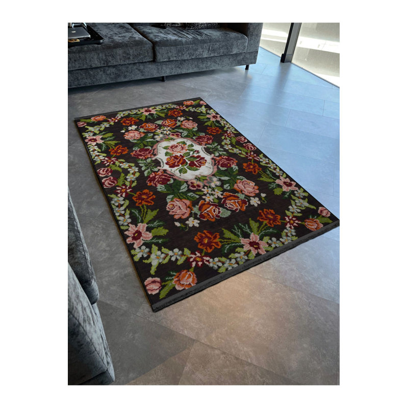 Tapis décoratif moderne à motif floral rose et rose lavable à la machine, Rectangle 2 pi 6 po x 4 pi 11 po 