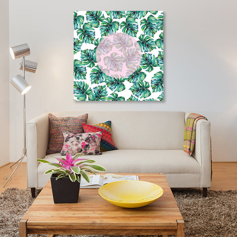 « monstera rose motif », impression sur toile, H 48 po x l 48 po x P 1,5 po