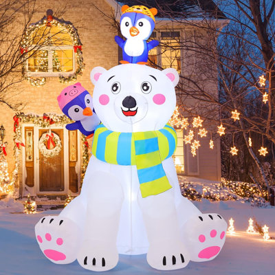Christmas Inflatables 6 FT Tall Inflatable Polar Bear with Penguins Polar Bear Blow Up with LED Lights