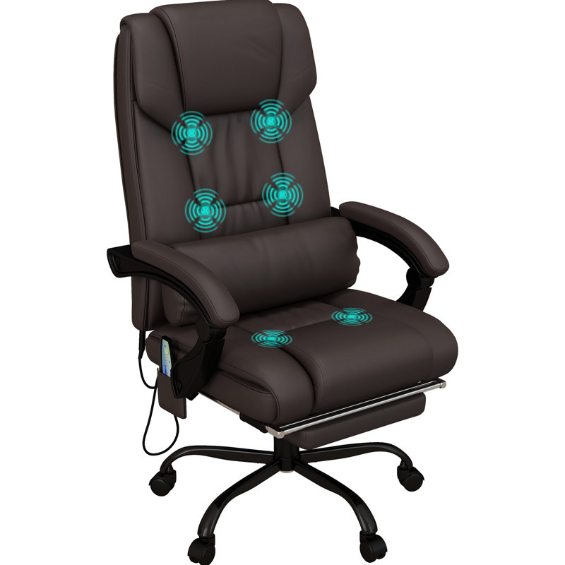Chaise de bureau brune avec 6 vibrations, réglable, repose-pieds inclinable en similicuir et réglable en hauteur, rétractable