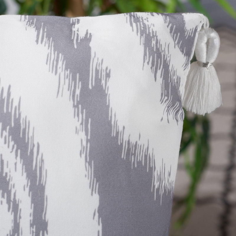 Gray and White Ikat Square Outdoor Pillow with Tassels