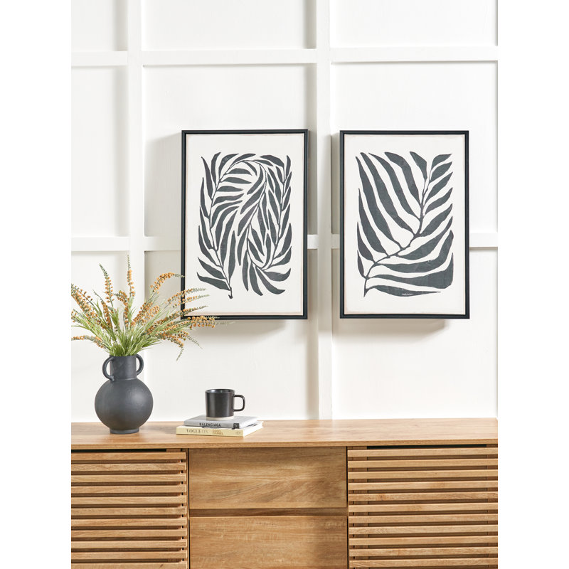 S/2 Black Leaf Print Canvases - 2 Piece Single Picture Frame Set on Canvas