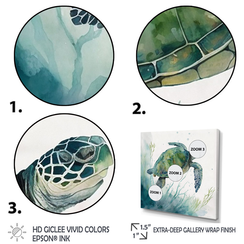 Tortue aquarelle nageant II - reproduction sur toile, H 24 po x l 24 po x P 1 po, Toile tendue