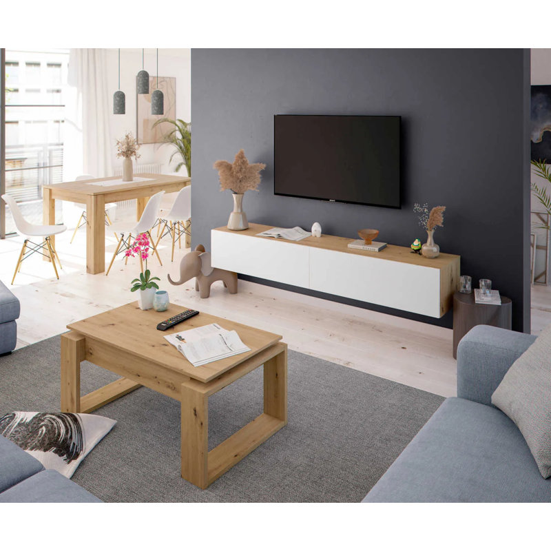 Reyes Nordic Oak Effect And White Wall Mounted Floating Wide Large Tv Unit