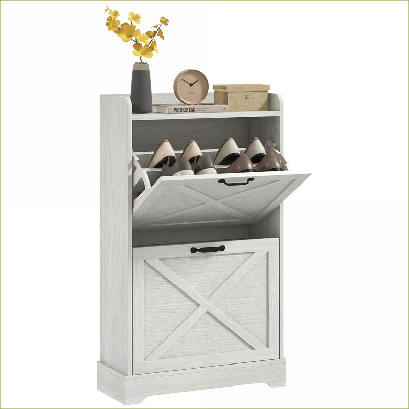 Shoe Cabinets | Farmhouse Slim Hidden Shoe Storage, 2 Flip Drawers, Adjustable Shelves, Holds 8 Pairs, Distressed Off-white | Entryway | Particle Board