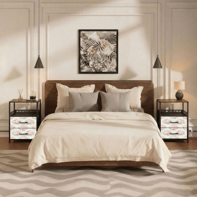 Table de chevet 2 tiroirs avec station de charge, table de chevet de chambre à coucher avec ports USB et prises ouvertes - tablette noire