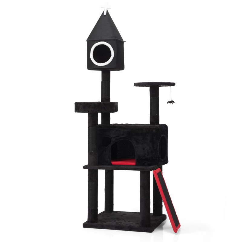 64-Inch Gothic Black and Red Cat Tree Tower with Sisal Scratching Post