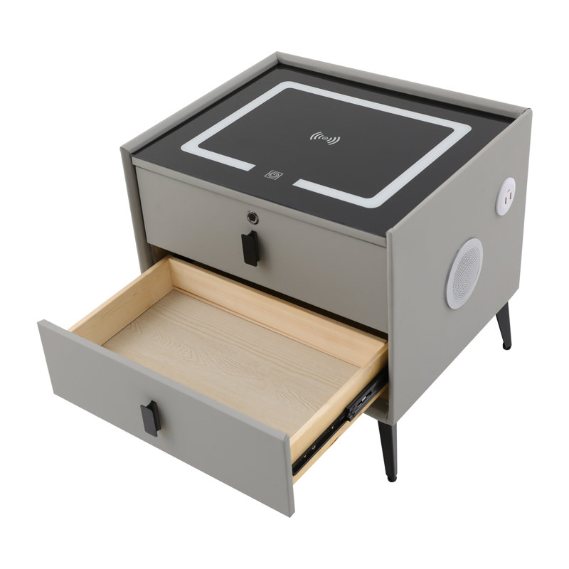 Table de chevet intelligente à DEL avec chargement sans fil et haut-parleur Bluetooth, table de chevet à 2 tiroirs avec verrou d'empreinte digitale, l 19,7 po x P 15,8 po x H 18,1 po