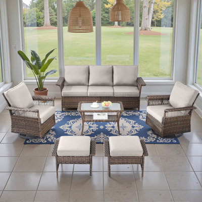 Ensemble de mobilier d'extérieur en osier 6 pièces avec fauteuil coulissant, table d'appoint et repose-pieds Anferney