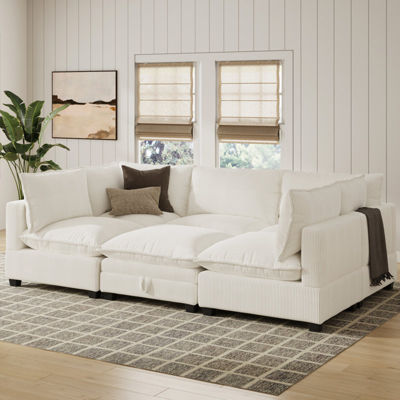 Somerdale Modern 6-Piece Armless Pit Sectional Sofa, White Corduroy