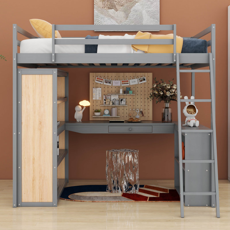 Hamide Full Size Loft Bed with Ladder, Shelves, Gray
