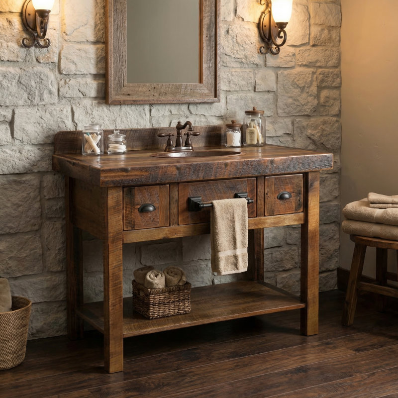 Ensemble de meuble-lavabo à deux tiroirs avec tablette - plateau Artisan - avec barre à serviettes Fireside Lodge