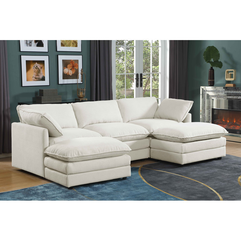 Canapé modulaire en forme de U 6 pièces avec repose-pieds amovible, Velours côtelé blanc