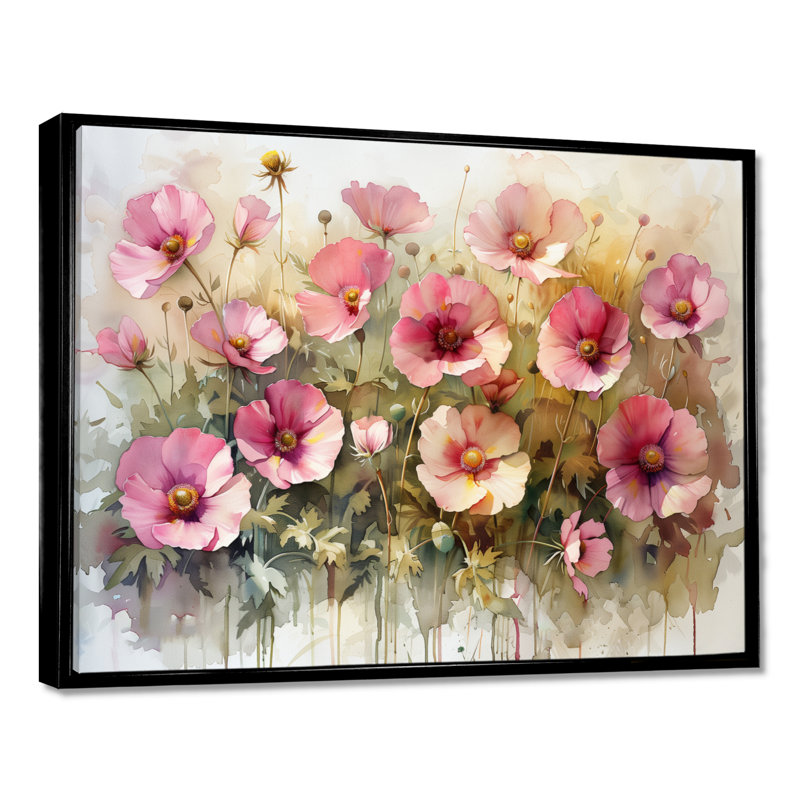Reproduction d'art rose sur fond rose bouton d'or II - Buttercups, Toile avec cadre flottant noir
