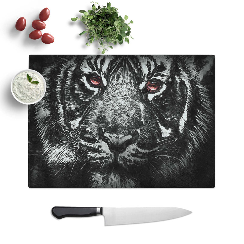 Tempered Glass Tiger with Yellow Eyes in Abstract Cutting Board, 28.5 cm W x 20 cm L