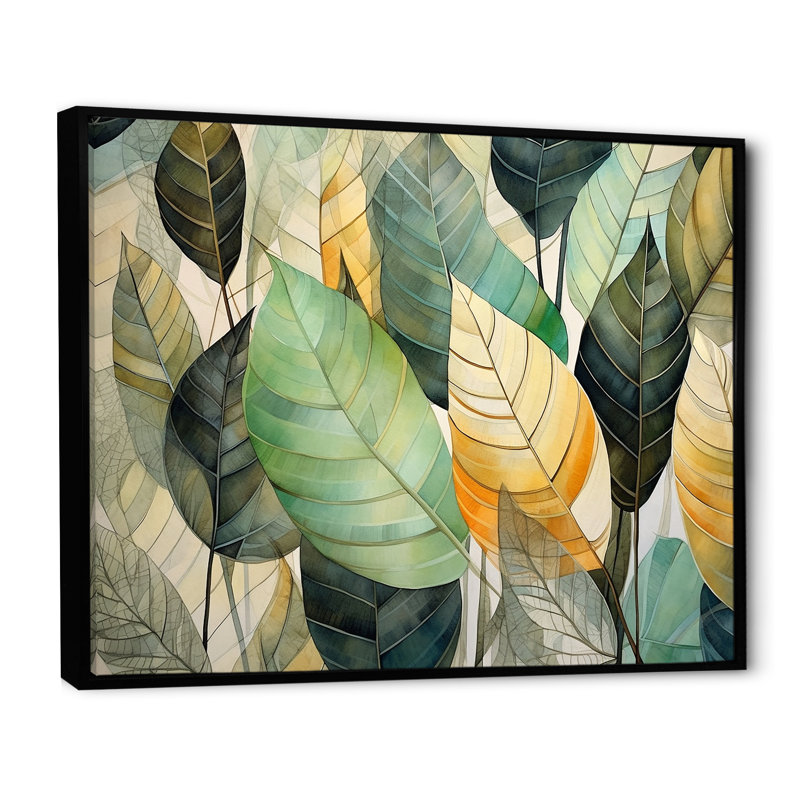 " Green And Yellow Leaves Tranquility ", 34" H x 44" W x 1.5" D, Black Floater Framed