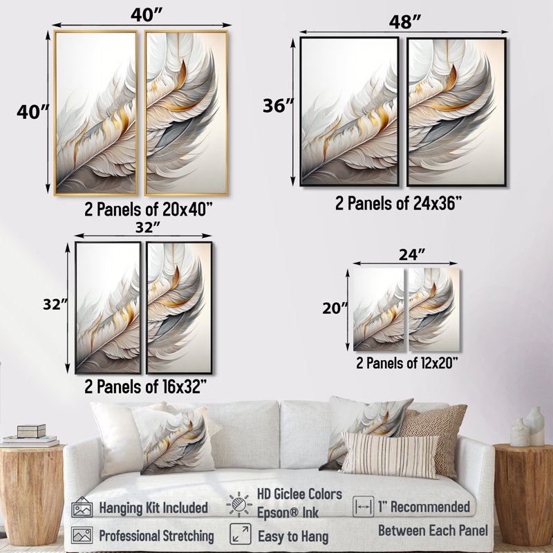 Plume blanche aquarelle - art mural blanc 2 pièces, Impression encadrée flottante, H 36 po x l 48 po, Doré