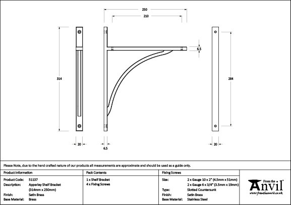 Apperley Shelf Bracket, 31.4cm H x 9.8cm W x 2cm D, Satin Brass