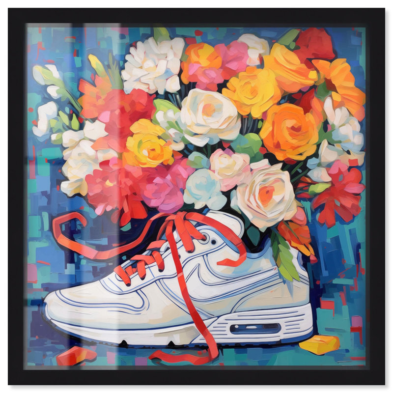 Art mural fantaisiste Sneaker avec fleurs, H 41 po x l 41 po, Noir