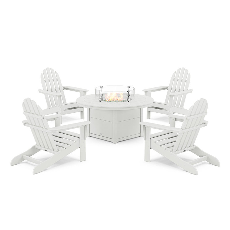 Classic Adirondack 5-Piece Conversation Set with Fire Pit Table, White