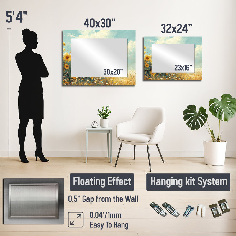 «Countryside Sunflowers In The Wind» - Décoration murale miroir floral - imprimé sur métal, 24 po x 32 po
