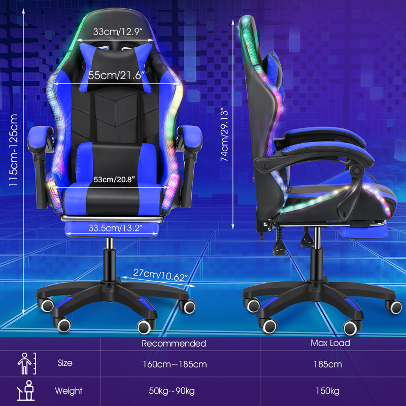 Lubluelu Adjustable Leather Swivel PC & Racing Gaming Chair with RGB Light, Blue/Black