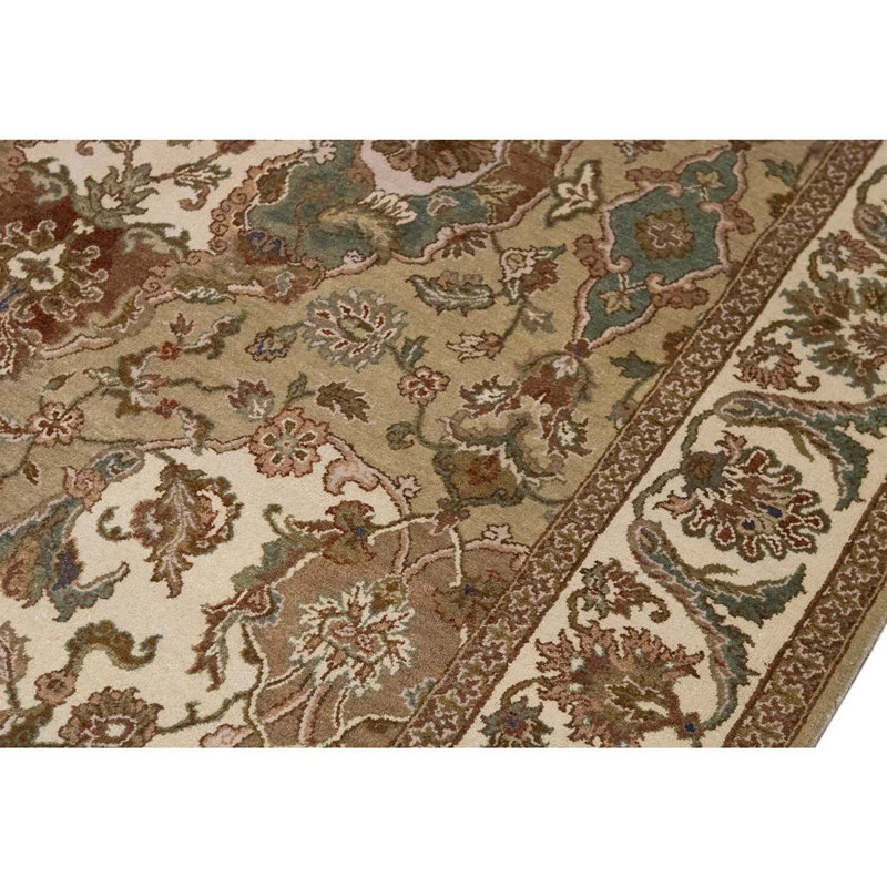 Tapis crème / vert / brun noué à la main de haute qualité
