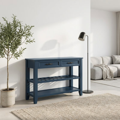 Console de style Mid-Century avec deux tiroirs de rangement et deux tablettes ouvertes, fabrication en bois massif