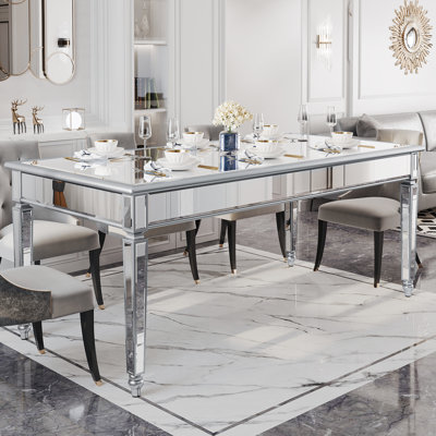 Dining Table With Mirrored Glass Top and Solid Wood Legs