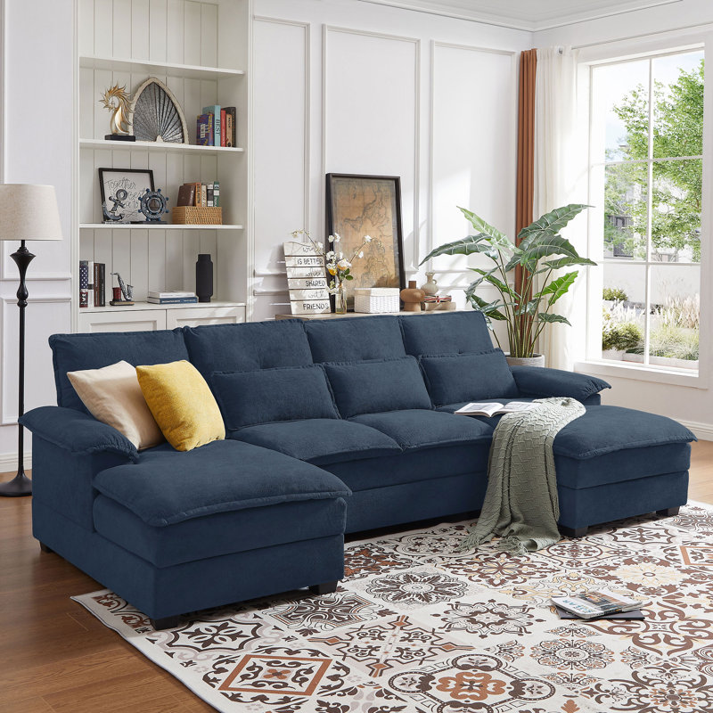 109.84" U Shaped Double Layer Soft Sofa with Toss Pillows, Blue Fabric