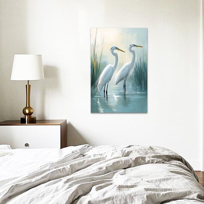 Héron blanc, décoration murale, aigrette, oiseau côtier, impression sur toile, héron, salle de bain, plage, bord de mer, photo encadrée (20 po x 30 po)