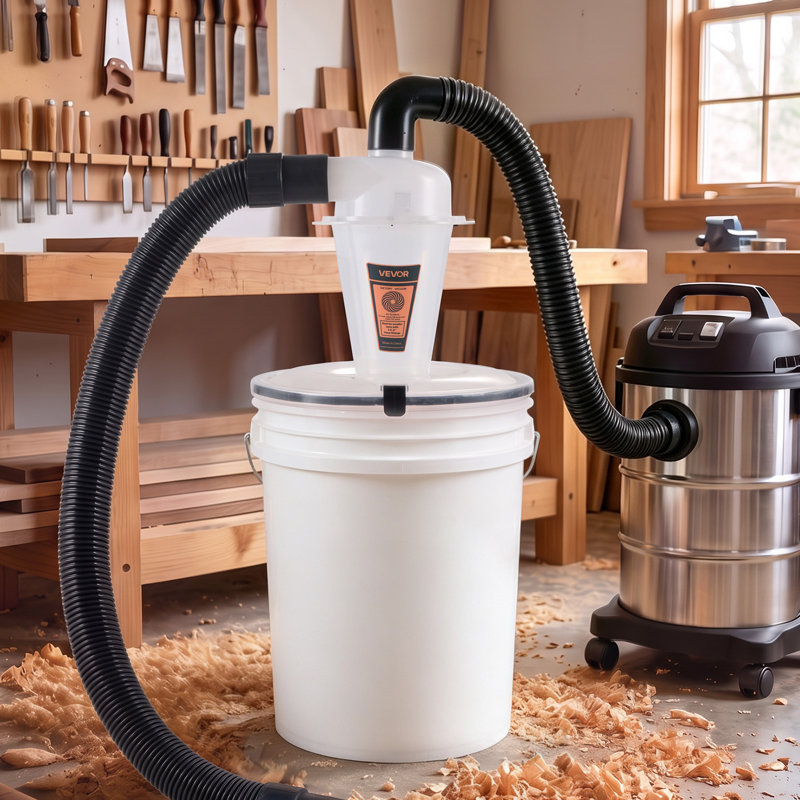 Cyclone Dust Separator Kit, 2 inch O.D. Dust Collector Translucent PP, Great for Woodworking and Shop Wet/Dry Vacuums, Fits Various Buckets (Exclude), with Elbow Adapter, Hardware, Sealing Pad
