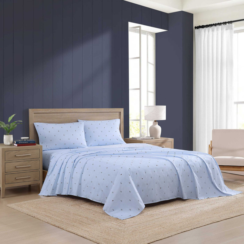 Tommy Hilfiger Printed Percale Cotton Sheet Set, King Sheet Set with 2 Pillowcases, Blue Abstract