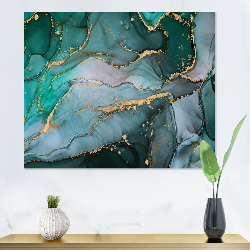 Turquoise et gris, art abstrait fluide de luxe II, reproduction sur toile, H 30 po x l 40 po, Toile tendue, Sans cadre