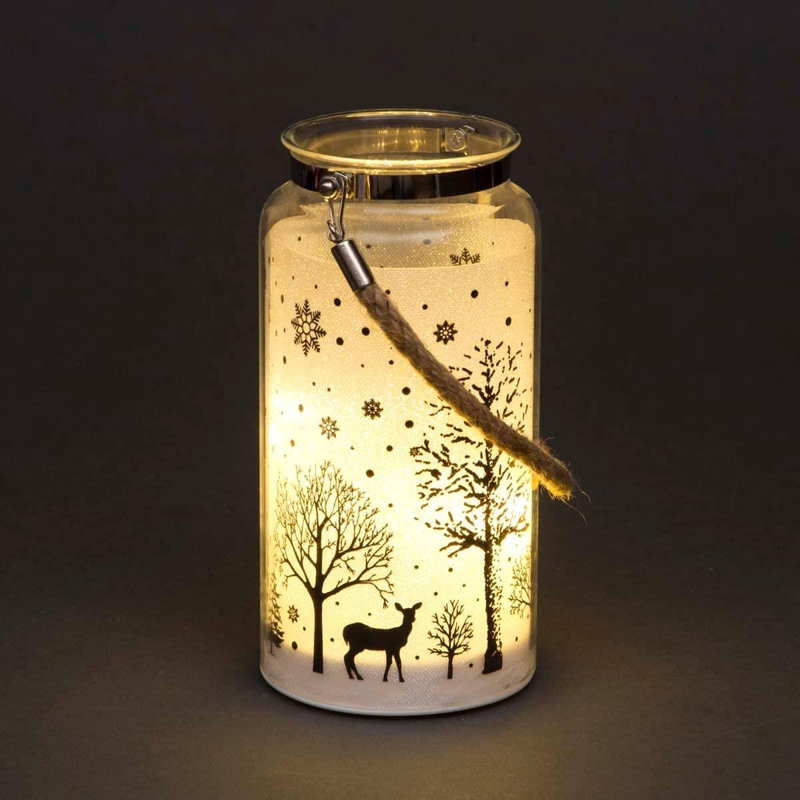23cm Christmas Decorated Jar Table Winter Woodland Scene Lantern with Warm White LED Lights