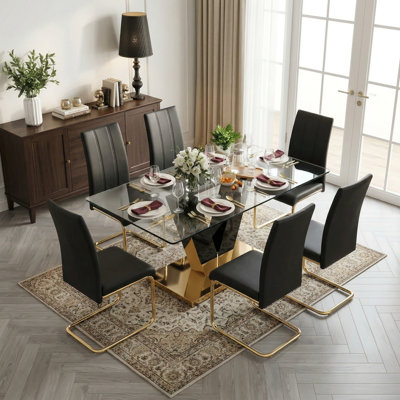 Schall  Modern 71" Tempered Glass Dining Set with V-Base and Faux Leather Chairs