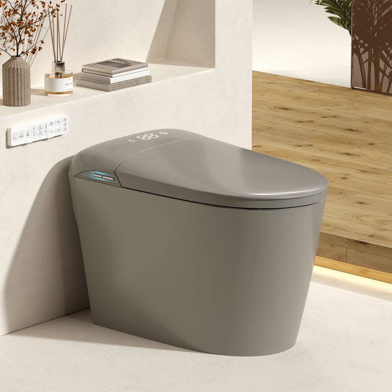 Toilettes intelligentes modernes Yingze avec siège bidet intégré, couvercle à ouverture/fermeture automatique, chasse d'eau puissante de 4,8 litres, déclenchement par capteur de pied, eau chaude instantanée et séchage, veilleuse DEL et affichage numérique, gris