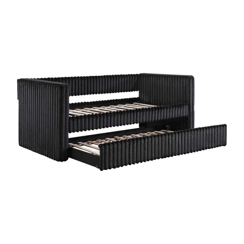 1Pc Daybed With Trundle Corduroy Fabric Upholstery Modern Luxury Home Furniture Durable Comfortable, Black