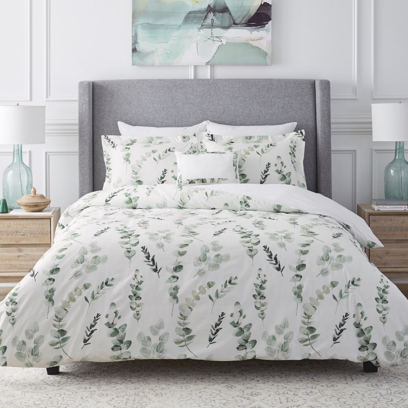 Eucalyptus Combed Cotton Full/Queen Printed Comforter Set Green, Édredon double / grand + quatre taies décorative