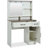 Farmhouse Makeup Vanity Desk with Mirror and Lights, 3 Lighting Modes, Vanity Set with Stool, Dressing Table with Adjustable Shelves,2 Drawers and Side Cabinet for Bedroom