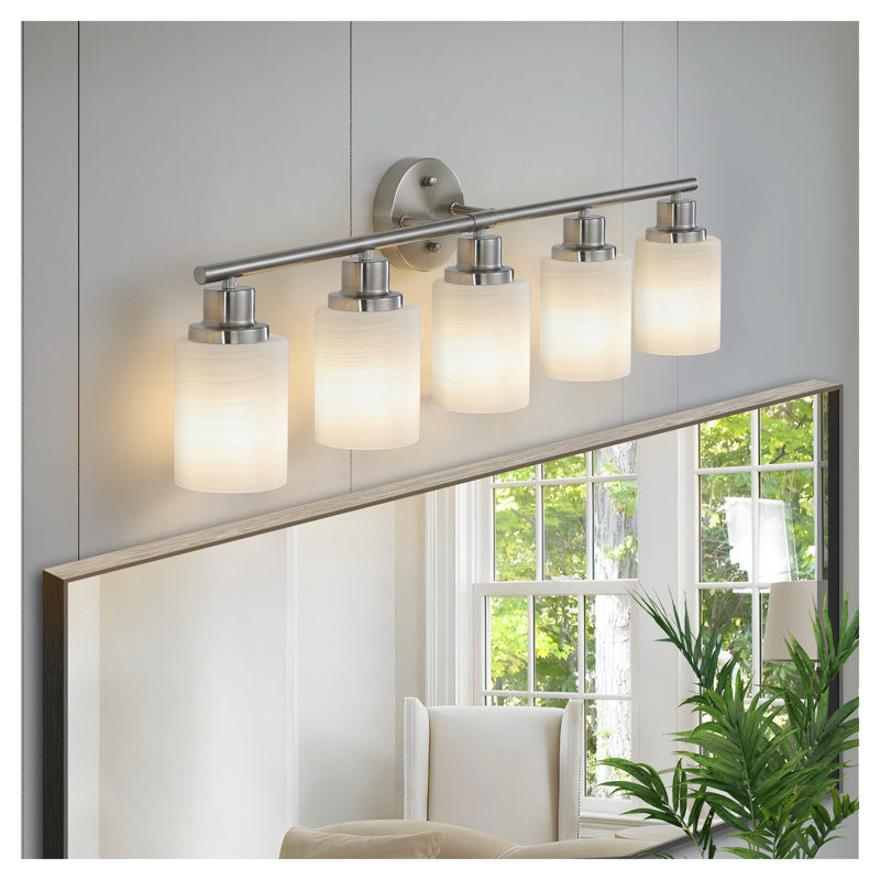 Luminaire pour meuble-lavabo moderne en nickel brossé 5 lumières avec abat-jour en verre givré - Applique murale pour salle de bain et couloir