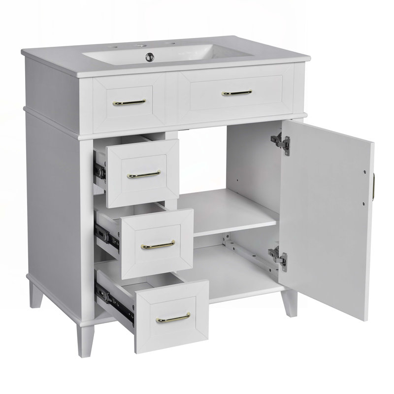 Meuble-lavabo de rangement avec lavabo en céramique, Blanc