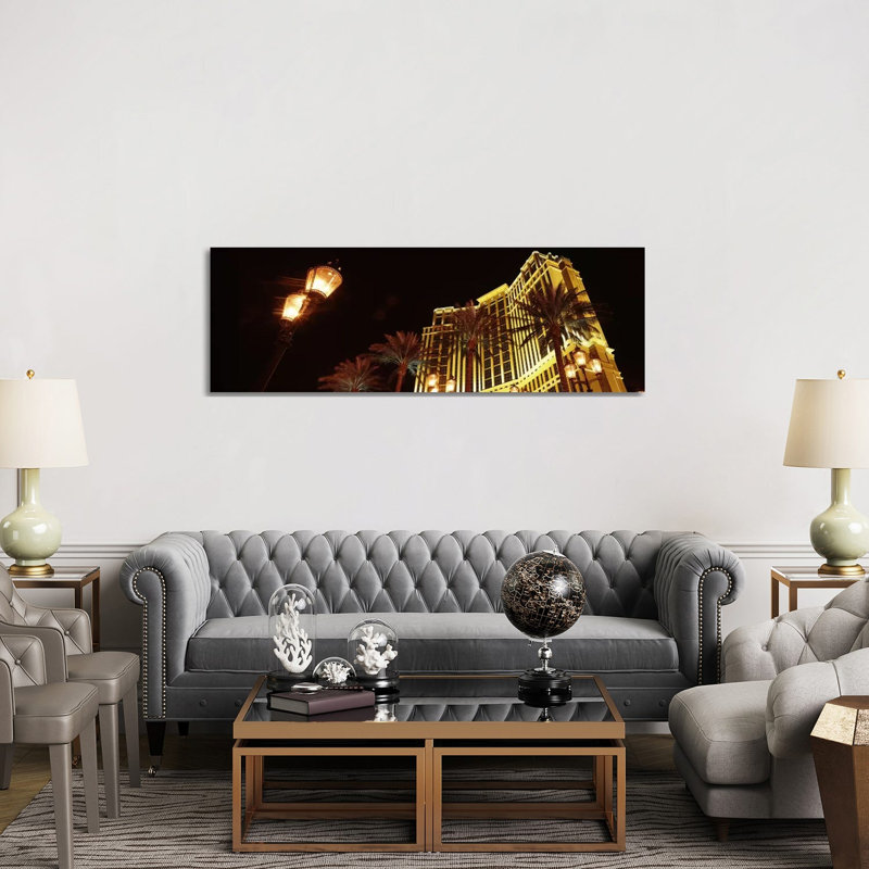 Low Angle View Of A Hotel Lit Up At Night, The Strip, Las Vegas, Nevada, USA - Wrapped Canvas Panoramic Print