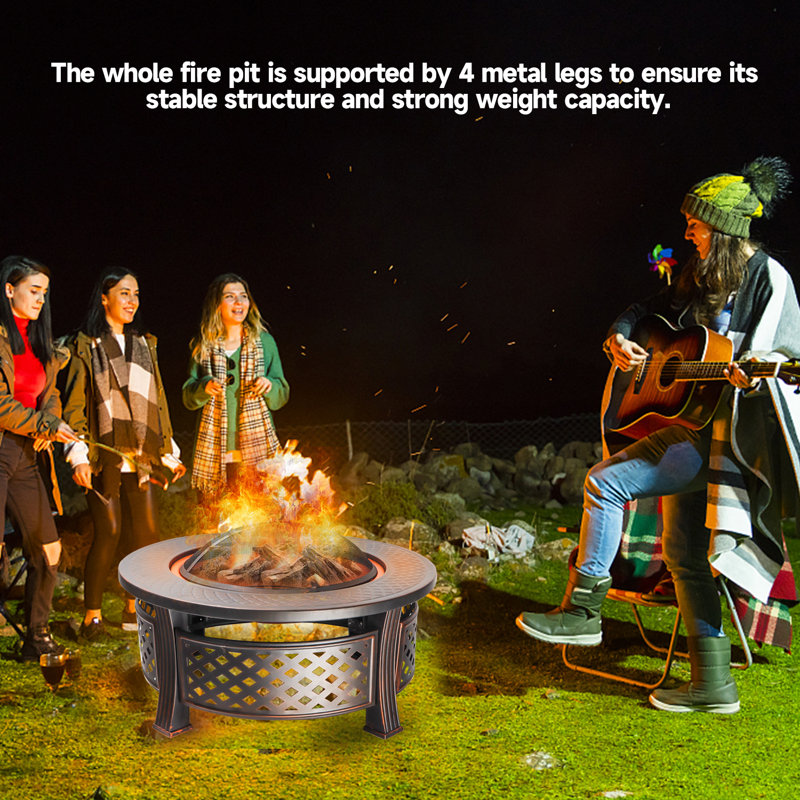 BP4U 32-Inch Outdoor Metal Fire Pit Table, Durable Wood Burning Round Fireplace/Firepit with Steel Bowl, Mesh Lid, Poker, and Cover for Patio & Backyard