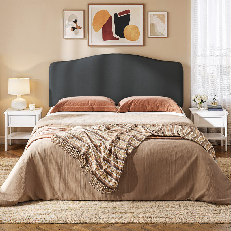 Damerius Curved Upholstered Headboard With Adjustable Height & Easy Plug-In Mount, Scratch-Resistant Towel Velvet, Gray