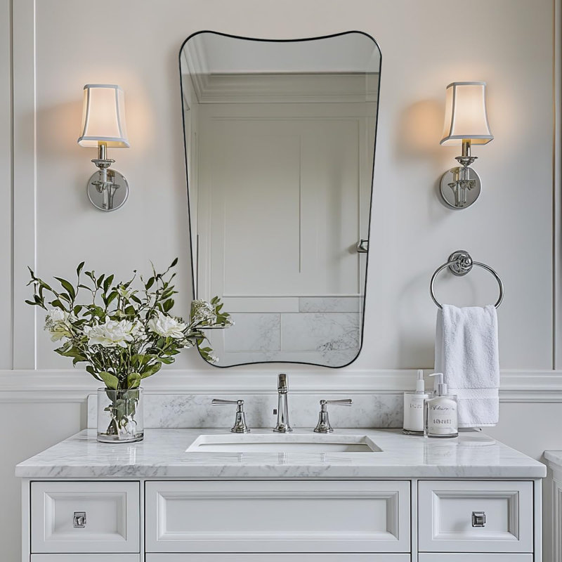 Contemporary Concave Scalloped Irregular Bathroom Vanity Mirror | Stainless Steel Frame, Brushed Nickel, 48" x 30"