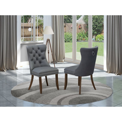 Dallas Parson Chairs - Button Tufted Nailhead Platinum Gray Polyester Fabric Padded Dining Chairs, Set of 2, Antique Walnut